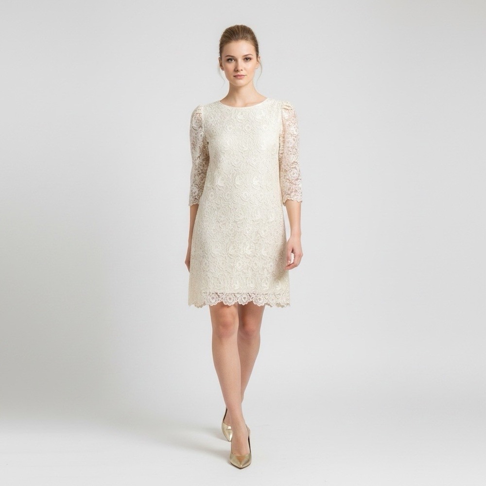 Lace Floral Embroidered Shift Ethereal Bridal Party Dress S Ivory Sheer Scallope